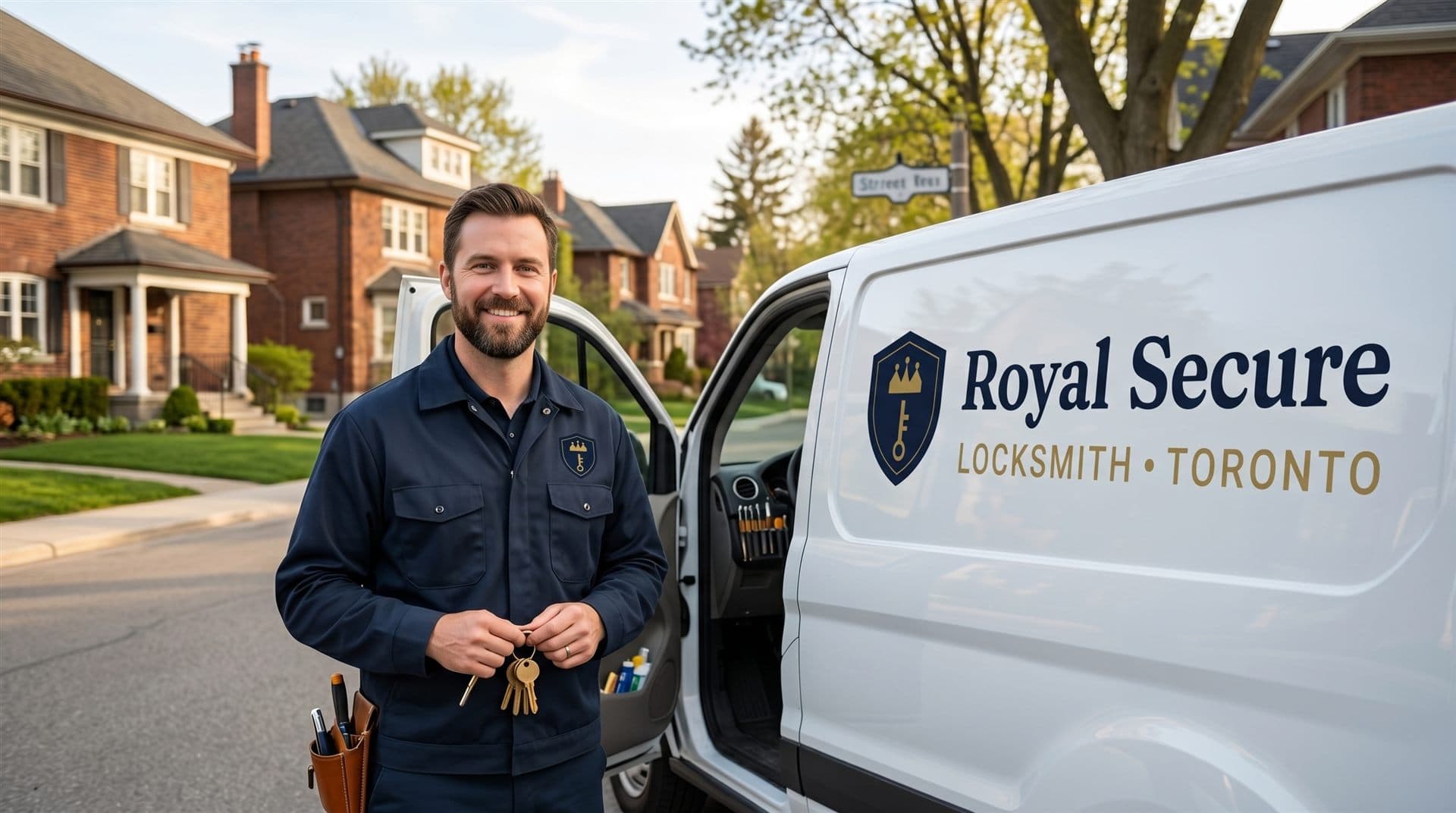 Royal Secure Locksmith mobile technician arriving at a Toronto home with the company service van