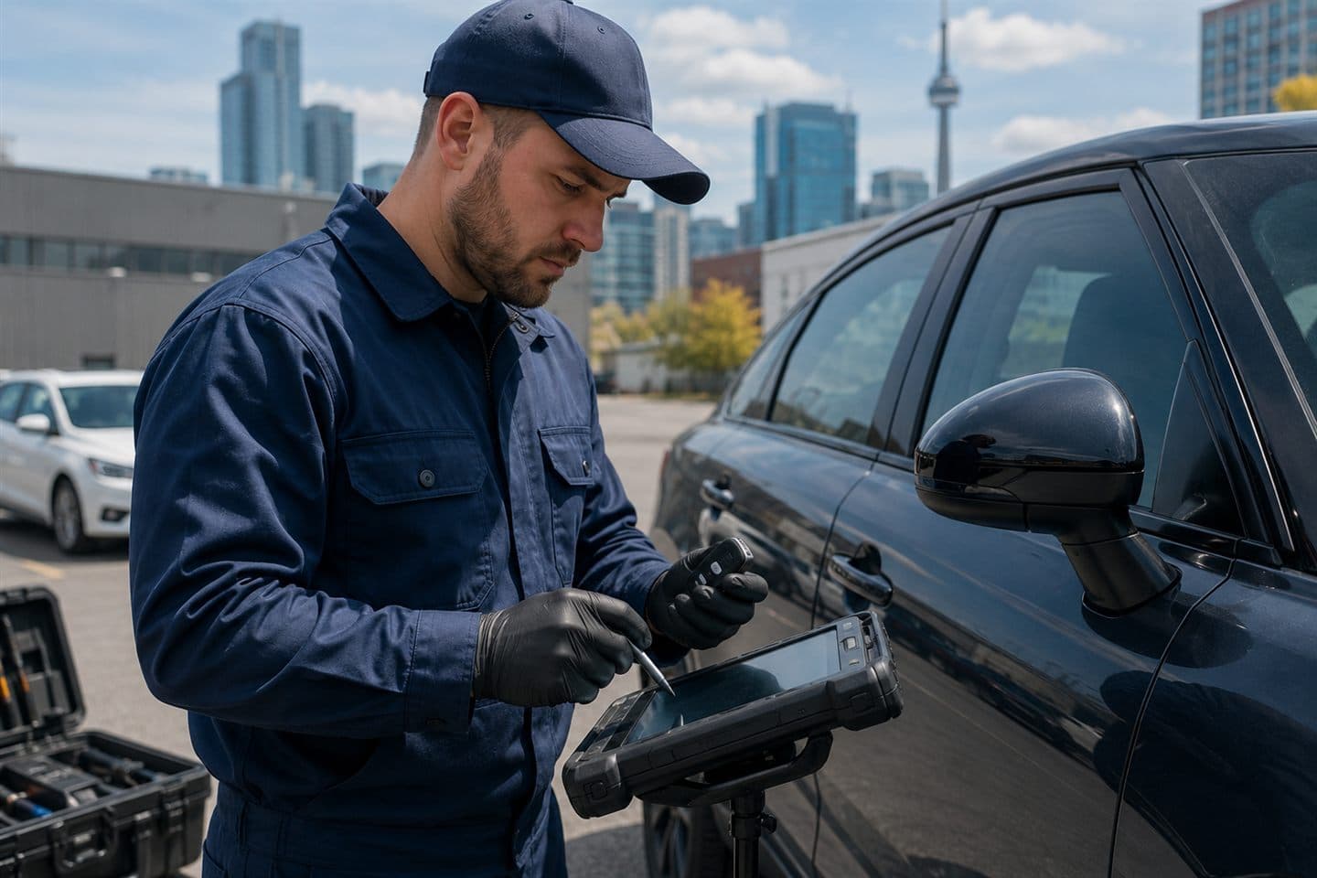 Royal Secure Locksmith automotive technician programming a car key beside a vehicle in Toronto