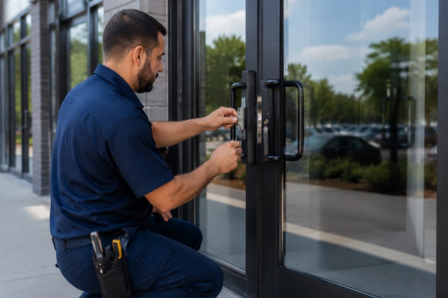 Royal Secure Locksmith commercial technician adjusting storefront door hardware in Toronto